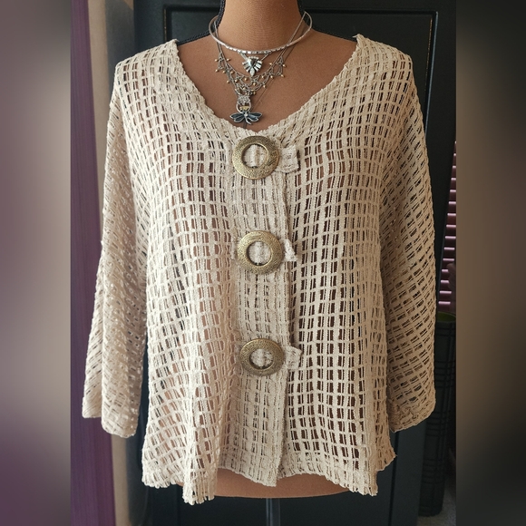 Keren Hart 100% cotton khaki tan small crochet sweater jacket artsy chunky snaps - Picture 3 of 6